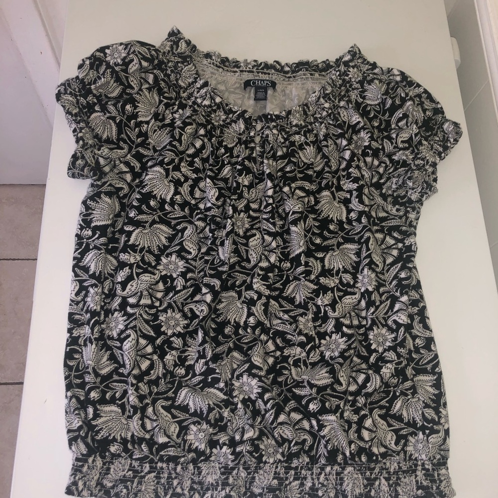 Chaps Black & White Floral Smocked Waist Peasant Blouse